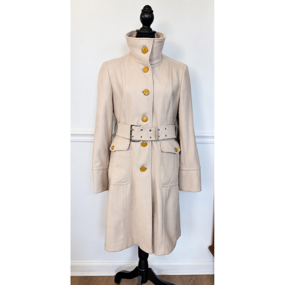 Kenneth Cole New York Wool Blend Belted Coat 10 Ivory Gold Buttons Stand Collar